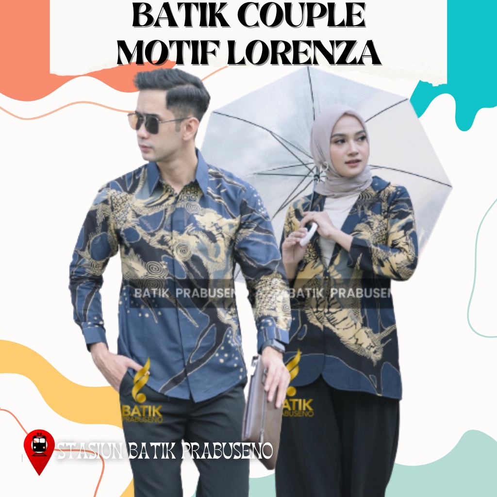 PRABUSENO// Batik Couple Prabuseno Motif Lorenza Warna Biru Bahan Adem Lengan Panjang Baju Cople Pas