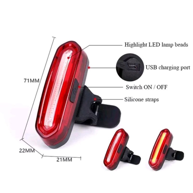 Lampu Sepeda Belakang COB USB Rechargeable 2 Warna Nyala Super Terang Bisa Cas Charger Sepeda Lipat Roadbike MTB Seli