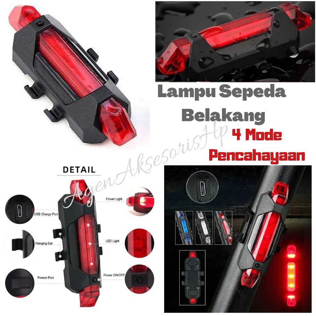 Lampu LED Sepeda Belakang 4 Mode Pencahayaan USB Charge Rear Bike LED Light Waterproof