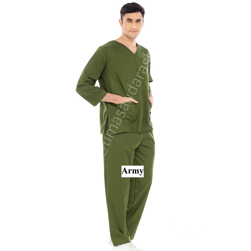 NEW! BAJU JAGA LENGAN PANJANG UNISEX (BAJU OKA/ OK/ BAJU SCRUB MEDIS) 1 SET BAJU DAN CELANA