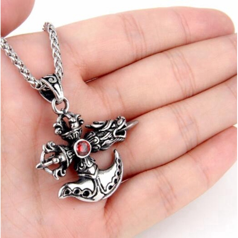 Kalung Rantai Liontin Bentuk Naga Gaya Punk Gothic Vintage Warna Silver / Merah untuk Pria