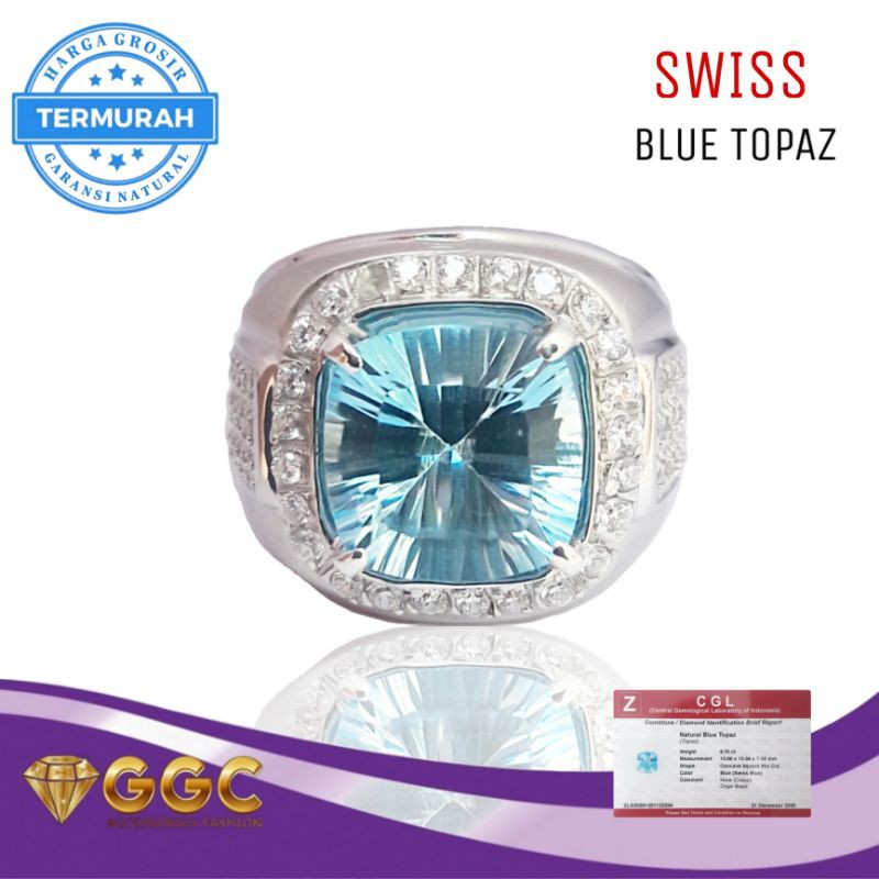 Cincin Batu Natural Blue Topaz Swiss Original