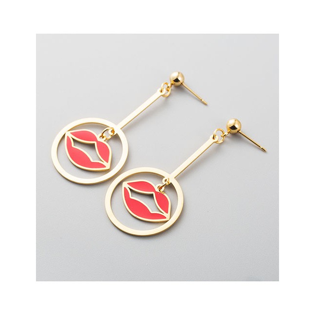 LRC Anting Tusuk Fashion Red Red Lip Hollow Stainless Steel Long Drop Oil Earrings D94821