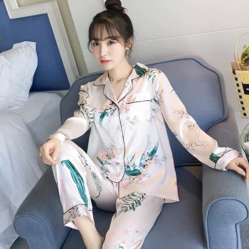 Piyama satin import / baju tidur wanita / ice silk baju tidur musim gugur-Leaf cream