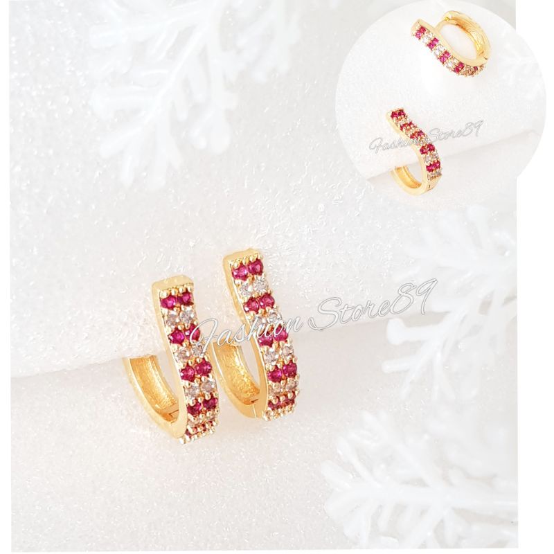 Anting Jepit Simple Elegant 2baris mata kombinasi pink white perhiasan lapis Emas 18k Xuping Yaxiya