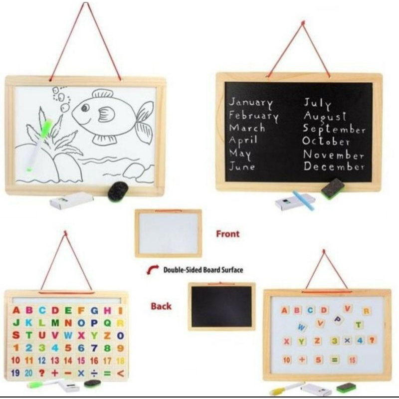 

Mainan Papan Tulis Kayu Bolak Balik ada Simbol Huruf dan angka