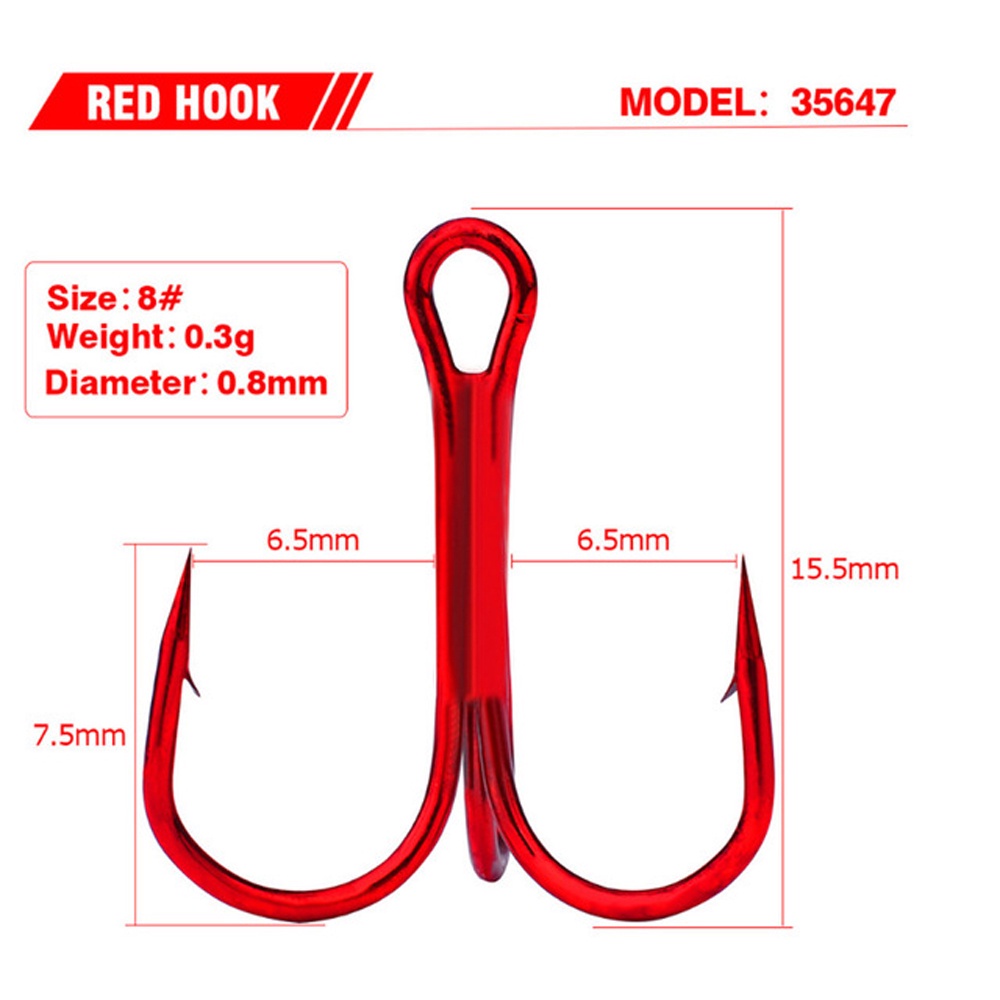 REBUY Fishing Tackle Fishing Hooks Pesca High Carbon Steel Treble Hook Bent Round Fishing Accessories For Saltwater Bass 20pcs/lot 2/4/6/8/10# Red Hooks