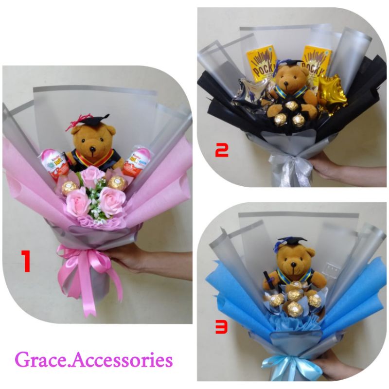 Buket bucket coklat ferrero boneka wisuda snack makanan wisuda graduation hadiah kado wisuda
