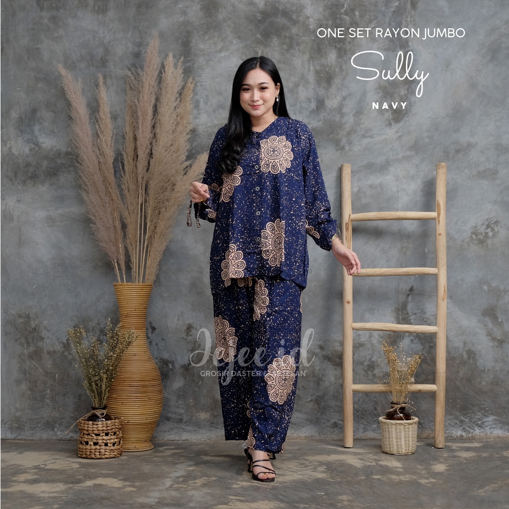 SETELAN RAYON JUMBO LD 120 CM BIG SIZE SUNDARI SET PIYAMA TIE DYE LENGAN PANJANG KANCING-SULLY-NAVY