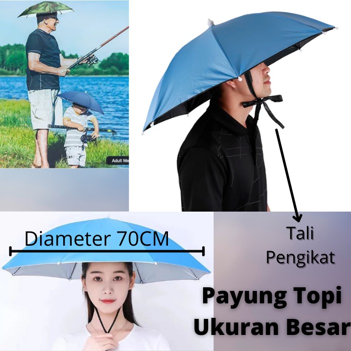 Payung Topi - Topi Payung Mancing Hiking Outdoor - Payung Kepala Besar Diameter 70cm Dengan Tali