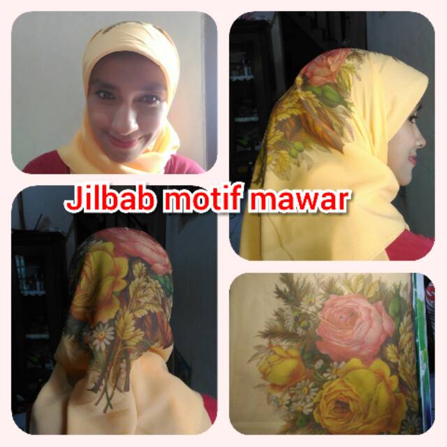 Jilbab segiempat printing motif flower Big Rose/ bunga mawar jumbo