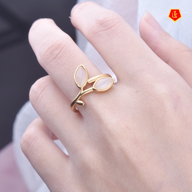 [Ready Stock]Elegant Inlaid White Jade Gold Ring Simple Personality
