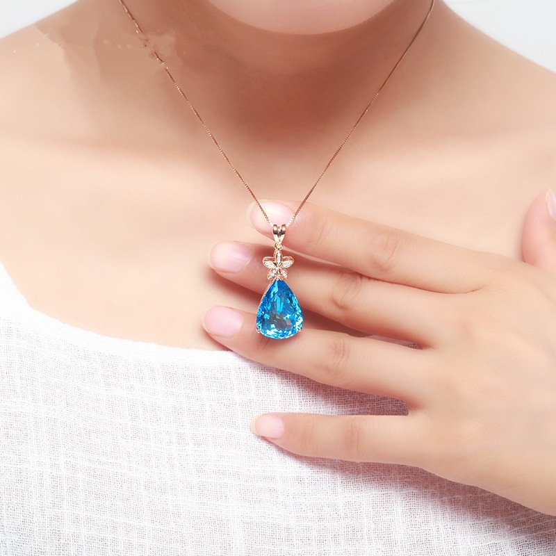 [Ready Stock]Stylish Water Drop Pear-Shaped Blue Gemstone Pendant Necklace