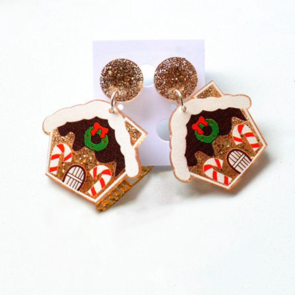 Hu Hu Hu Hu Hu Alat Bantu Pasang Kacamata♡ 1 Pasang Anting Stud Desain Rumah Natal Aksen Glitter Untuk Wanita