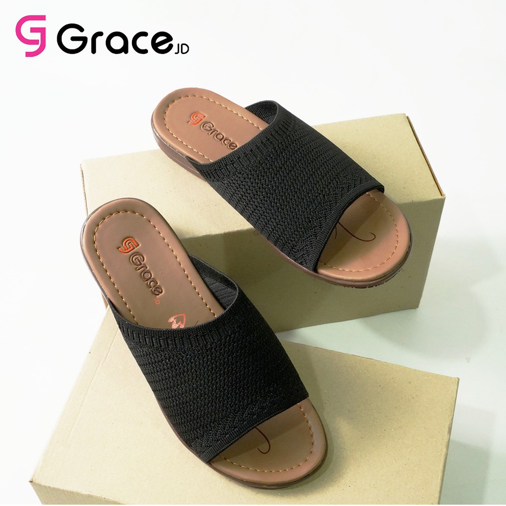 Grace(RJB 01)/Sandal Teplek Wanita Distro Selop Rajut Flat/sandal slop karet rajut cewek Murah-3