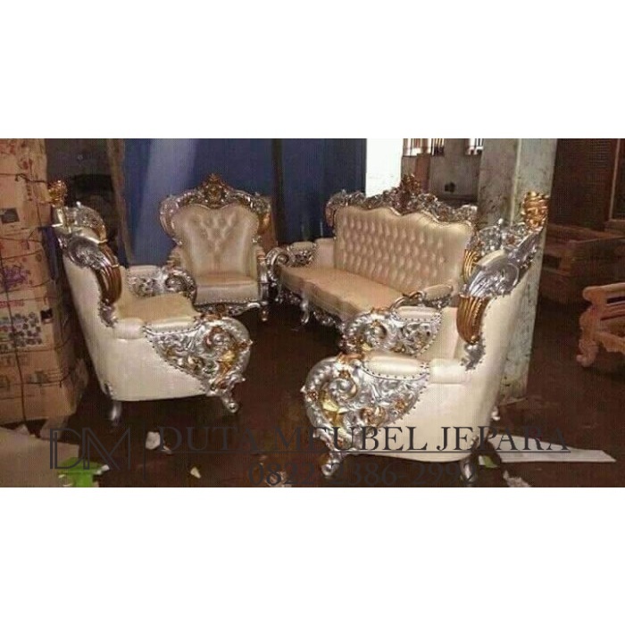 Kursi Tamu Mewah Bahan Kayu Jati Jok Kain Oscar