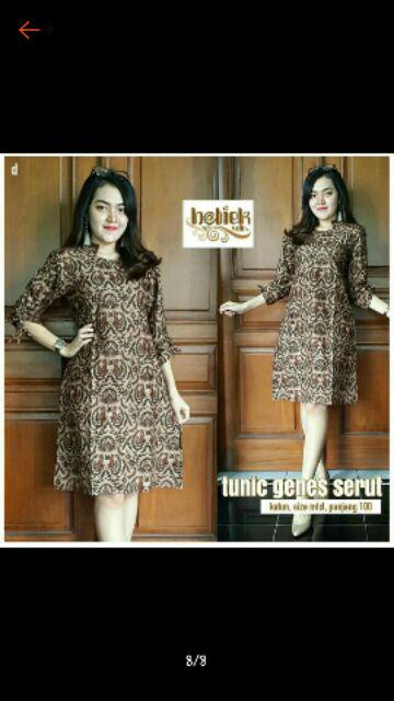Couple Tunik Sogan Serut Genes Apsari Coklat Batik Modern Midi Sarimbit Kerja Seragam Kantor