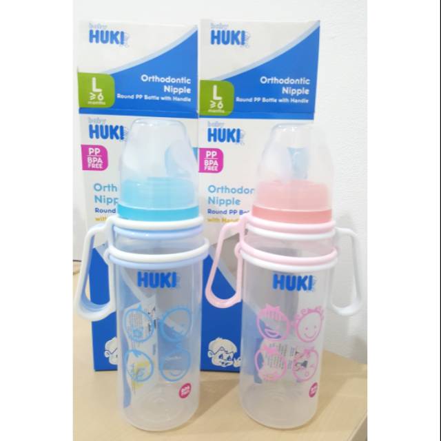 Botol Susu Huki PP BP dgn handle/pegangan 240ml dot gepeng  #336