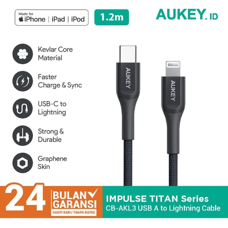 Kabel Data Aukey Cable CB-AKL3 Black MFI USB A To Lightning