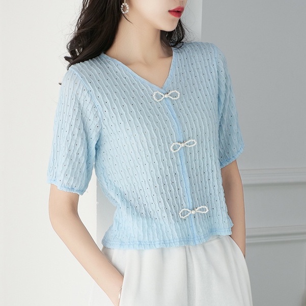 【Elegant】Soft Knitted Solid Faux Pearl Decor V-Neck  T-Shirt  7378