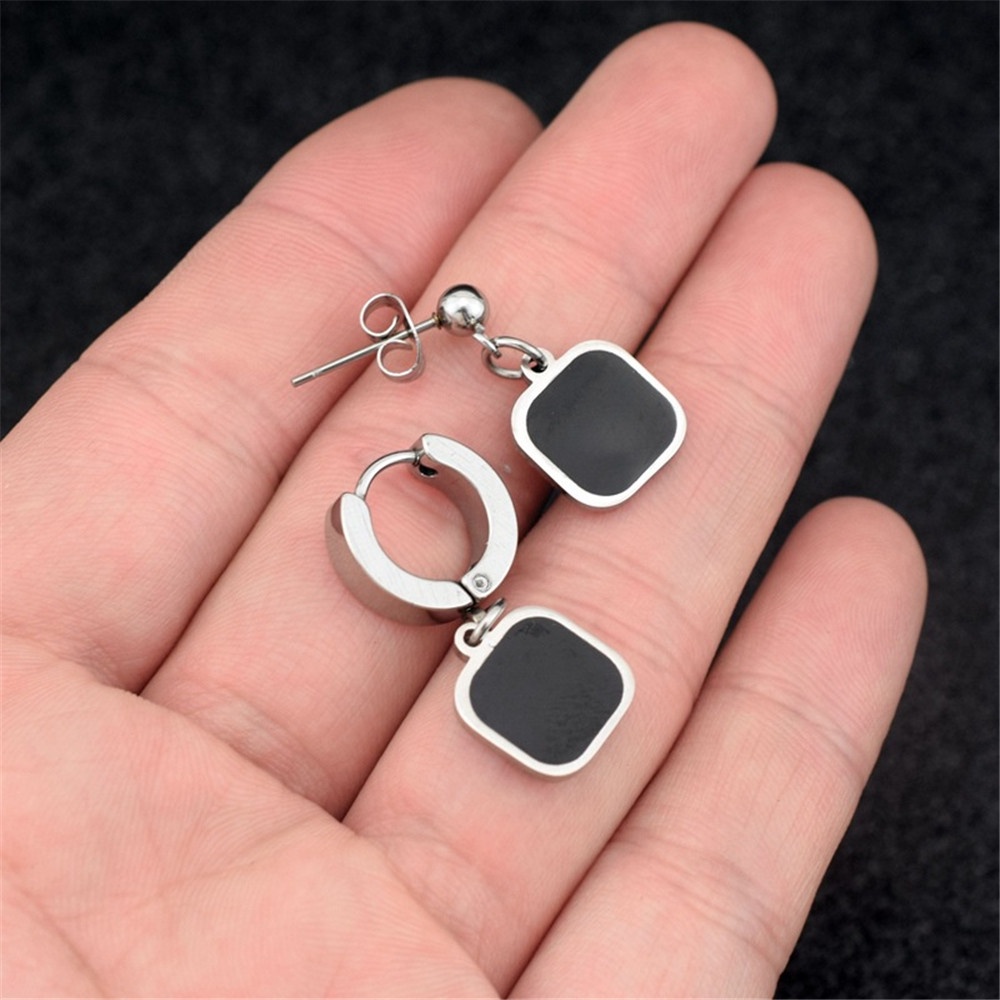 1 Pasang Stainless Steel Temperamen Fashion Hitam Anting-Anting Persegi Tanpa Tindik Telinga Klip