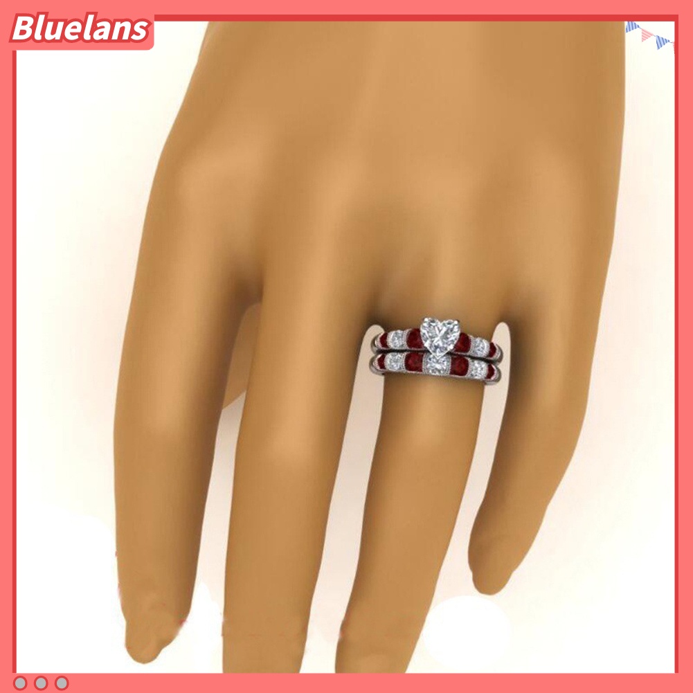 Bluelans 2Pcs / Set Cincin Gaya Retro Motif Hati Aksen Ruby + Berlian Imitasi Untuk Perhiasan Wanita
