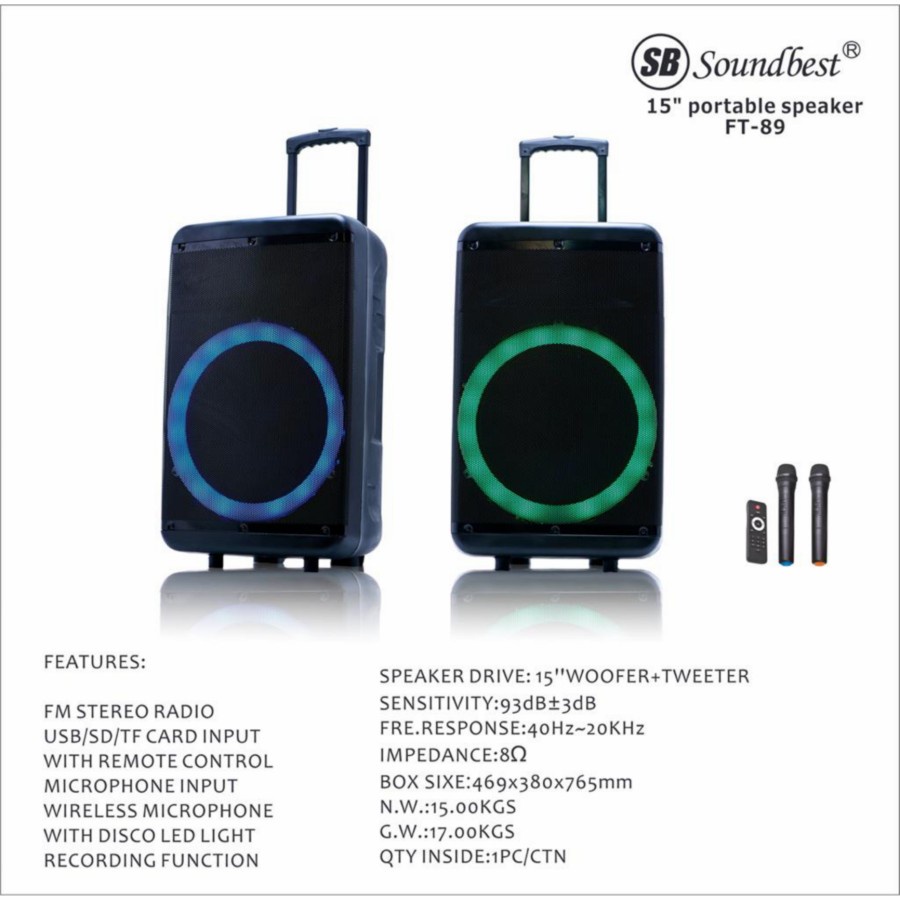 Speaker Portable Soundbest FT89 FT 89 15 inch Bonus STENDING