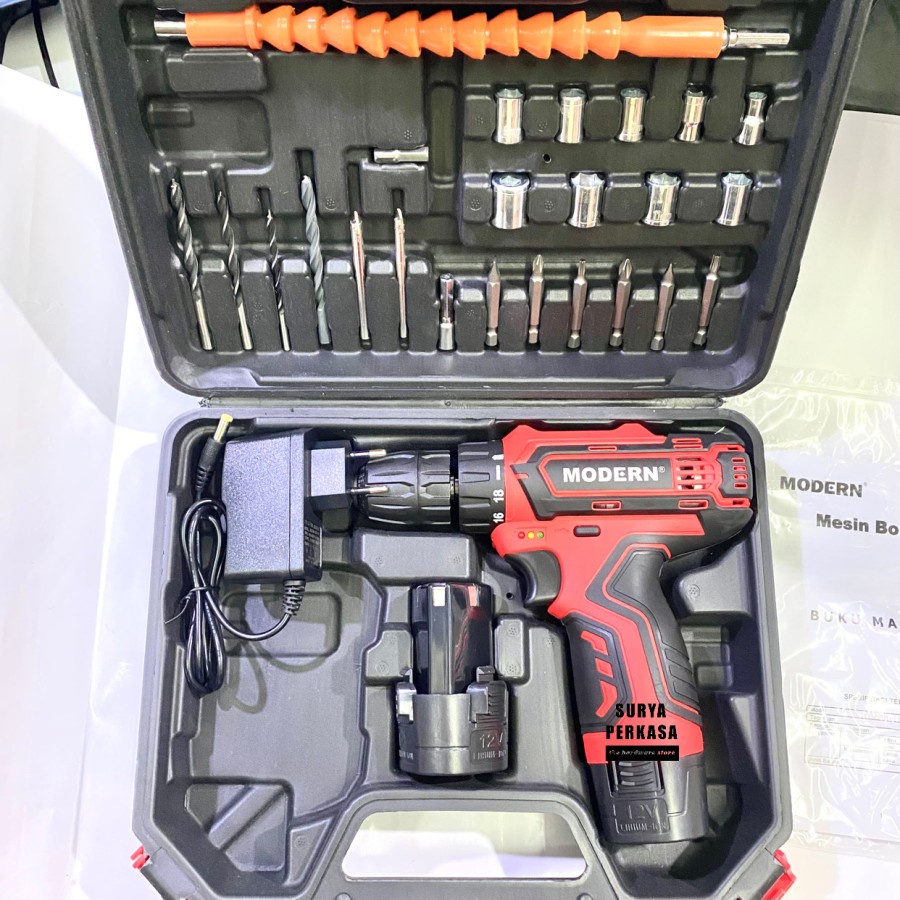 MESIN BOR CAS CHARGE / CORDLESS BATERAI BATTEREY 10MM 10 MM 12V 12 VOLT MODERN M-13 SET M13SET M13 S