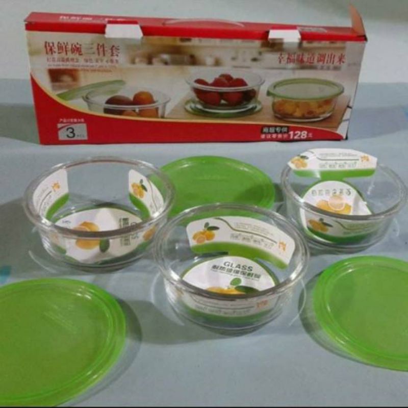 Mangkok,  303 , Kaca ,   SET ISI 3 FRESH BOWL OF THREE  Mangkuk Salad dengan Tutup