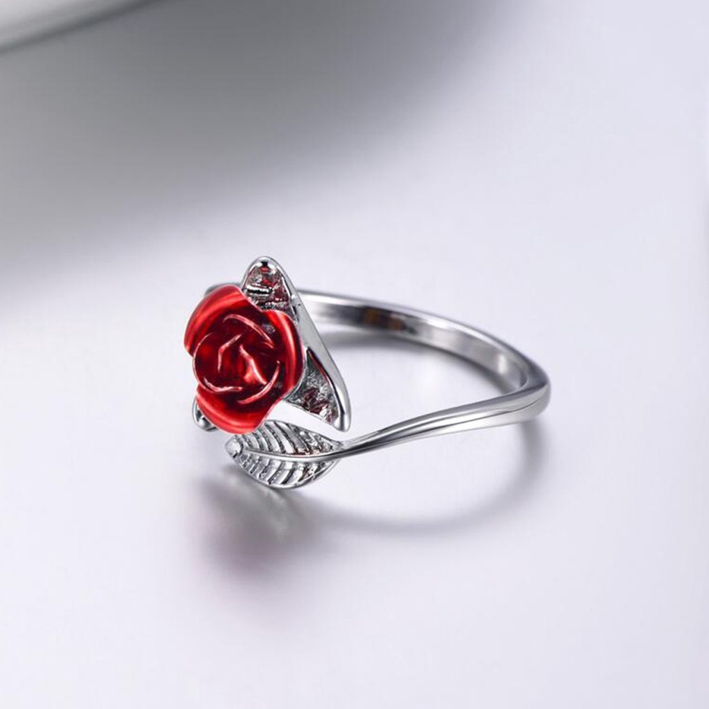 Hu Hu Hu Hu Hu Alat Bantu Pasang Kacamata♡ Cincin Wanita Model Terbuka Adjustable Desain Bunga Mawar Merah + Daun Untuk Valentine