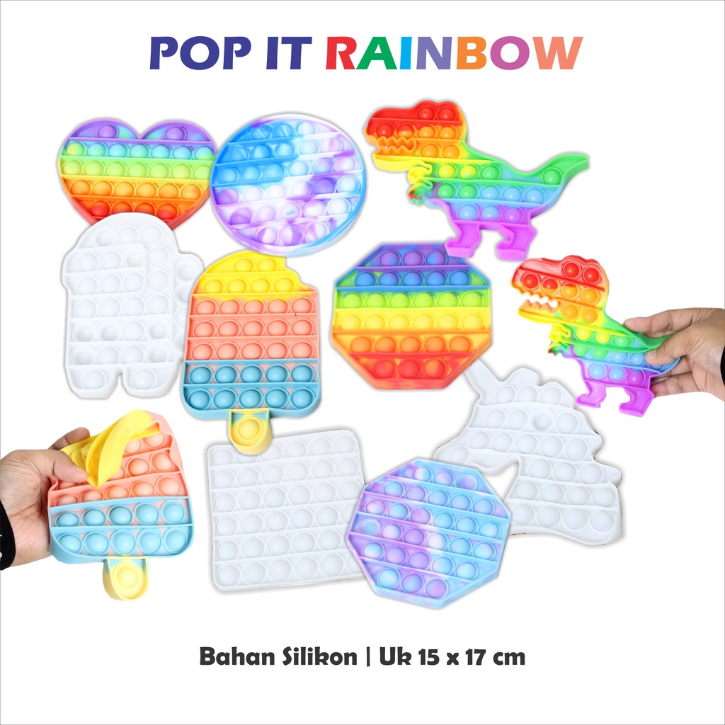 Mainan Pop It / Pop It Murah Untuk Anak Ukuran Kecil Sugus Rainbow Segi 8 Bulat Kotak Ice Cream Dino
