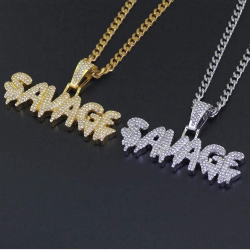 SEUSUK Hip Hop Brass Gold Chain Miniature Pavé Cubic Zircon SAVAGE Pendant Necklace Charm Men's Gift