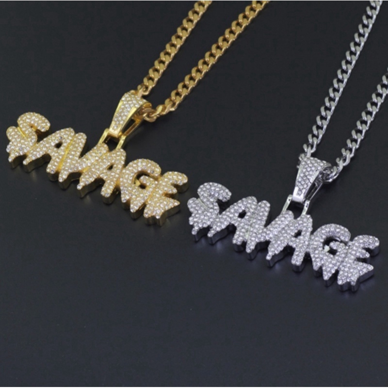 SEUSUK Hip Hop Brass Gold Chain Miniature Pavé Cubic Zircon SAVAGE Pendant Necklace Charm Men's Gift