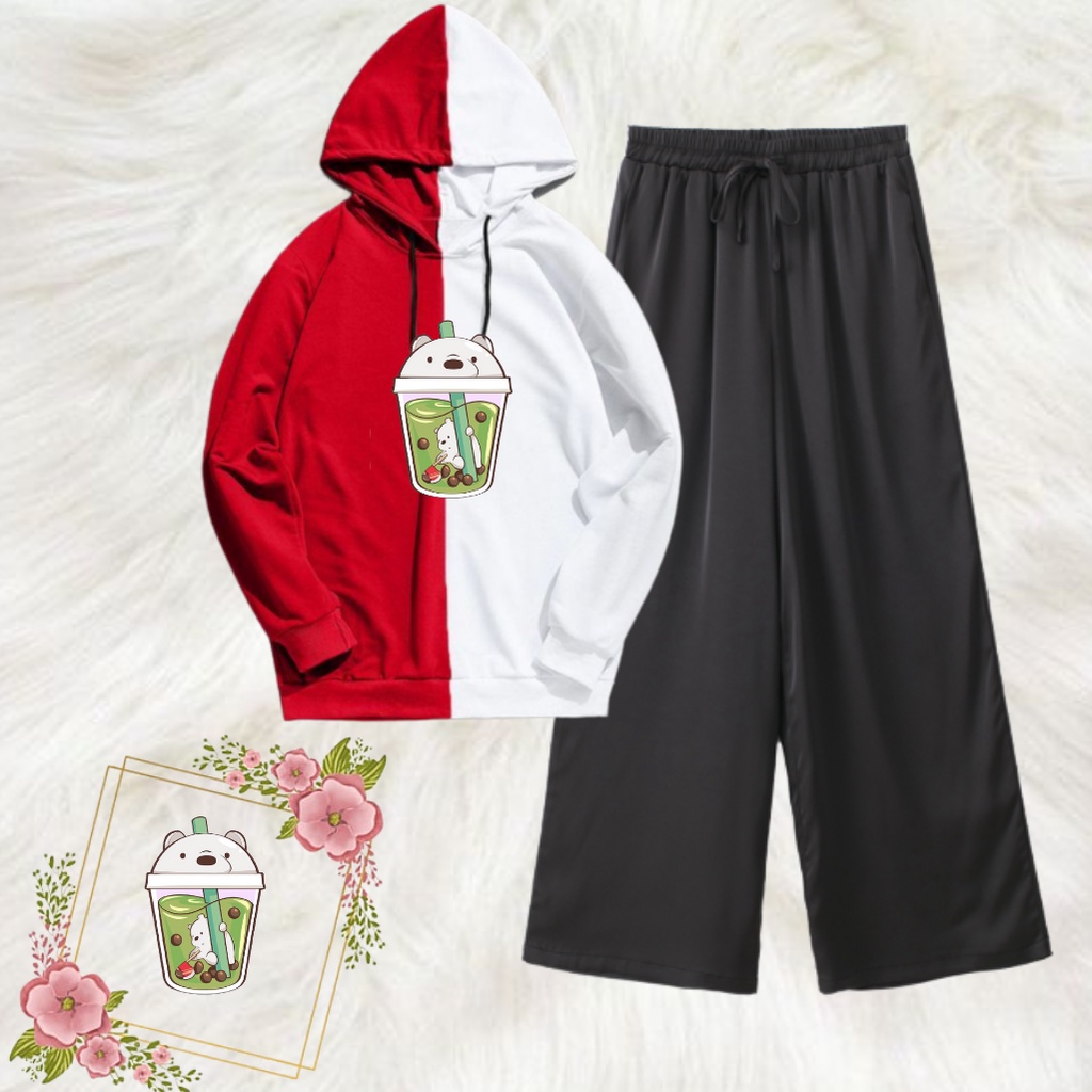 JBF Baju 1 Set Setelan Wanita Atasan Hoodie Lengan Panjang Dan Celana Kulot Motif Panda Boba