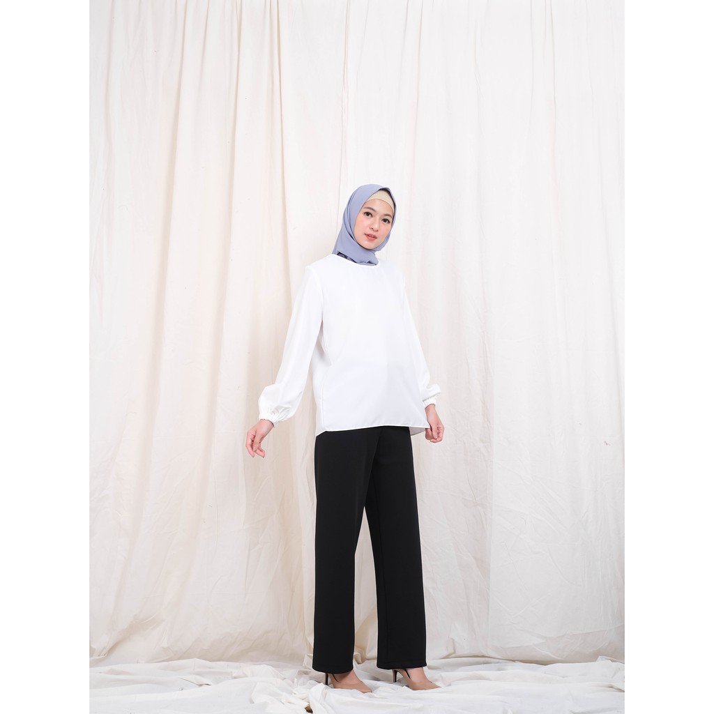Linata Fashion | Kalina Blouse Lengan Balon Moscrepe Import-Putih