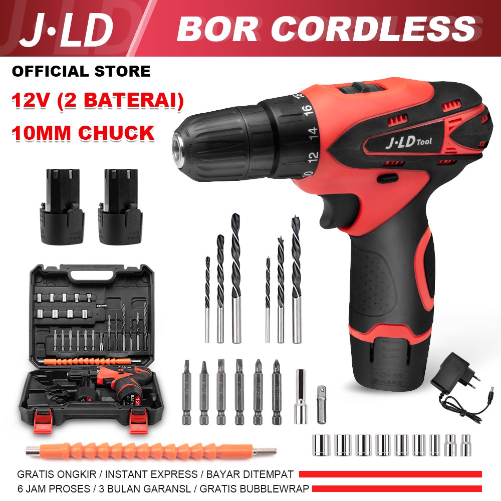 JLD 12V mesin bor baterai 10mm bor cas 2 baterai bor batre set bor cordless include mata koper kayu/screw/beton/wall bisa COD