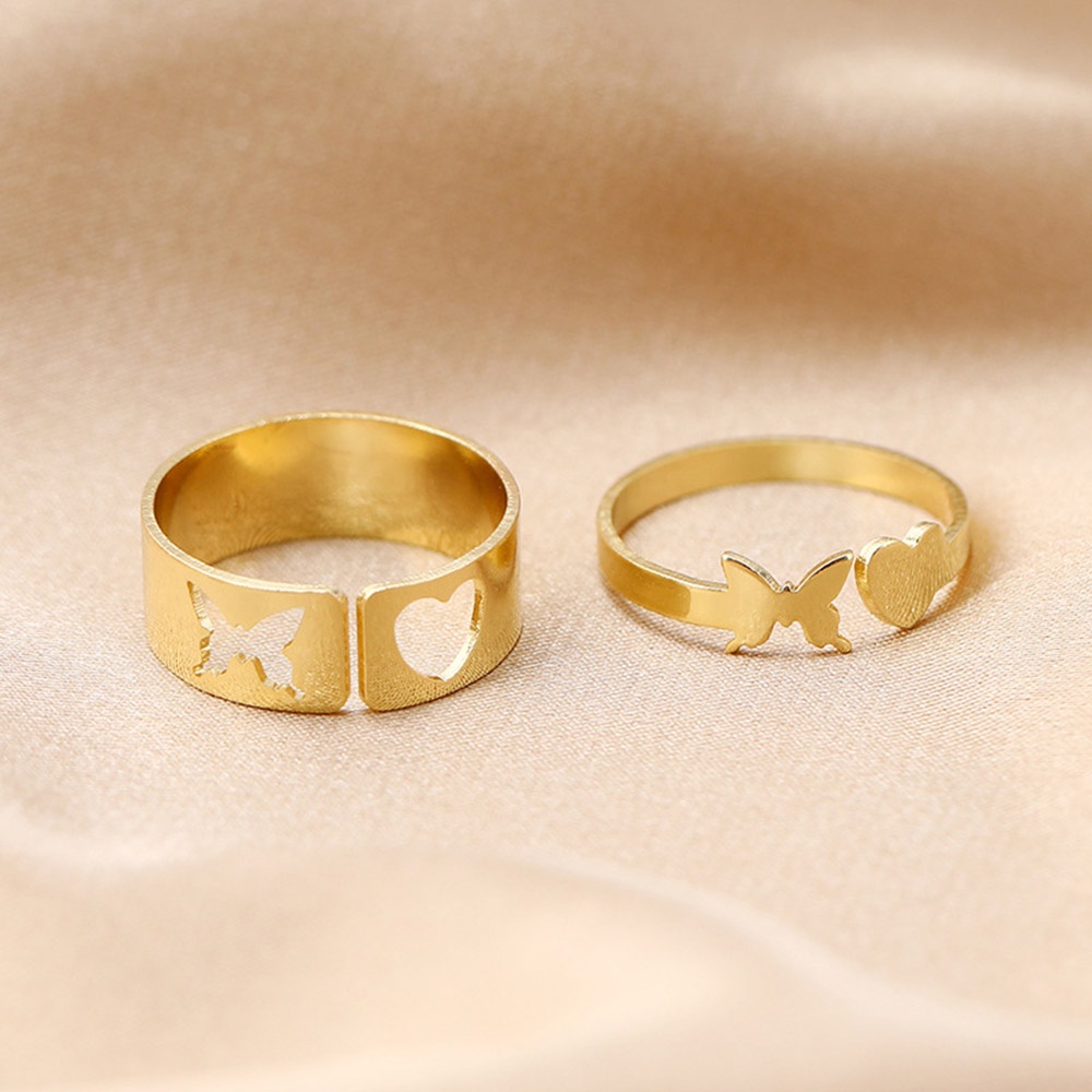 2pcs / Set Cincin Model Terbuka Bahan Metal Desain Kupu-Kupu + Hati Warna Gold / Silver Adjustable Untuk Wanita