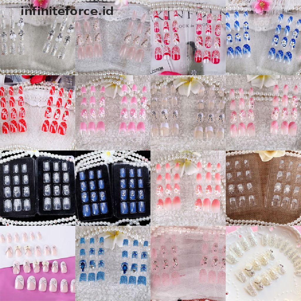 Infiniteforce.id 24pcs / Set Kuku Palsu Transparan Motif Bunga Aksen Manik-Manik Untuk Wanita / Foto studio DIY