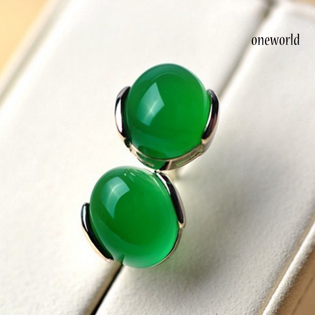 OW@ Fashion Women Natural Green Agate Stone Inlaid Plated Stud Earrings Jewelry Gift