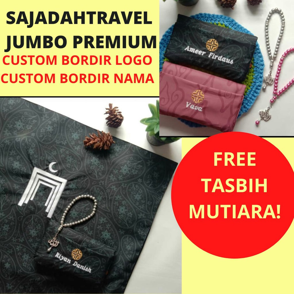 BORDIR CUSTOM NAMA SAJADAH TRAVEL JUMBO PREMIUM PRINTING WATERPROOF KADO HADIAH