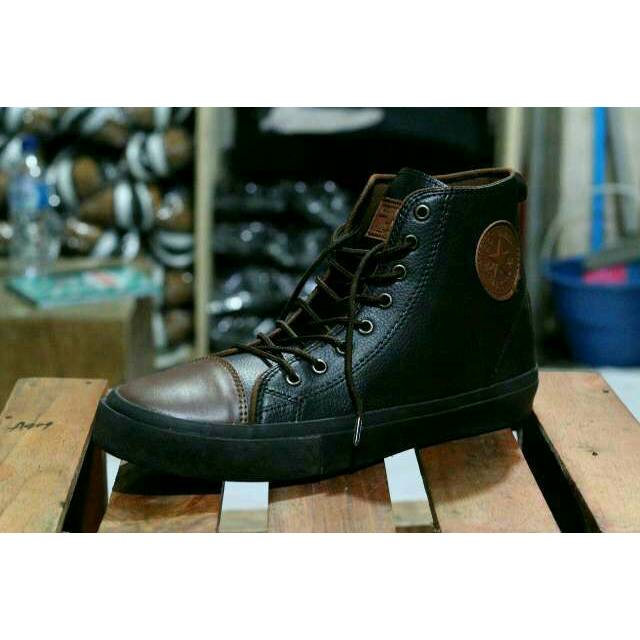 Sepatu Converse All Star Semi Kulit High Hitam Coklat Tan - Sepatu Sekolah