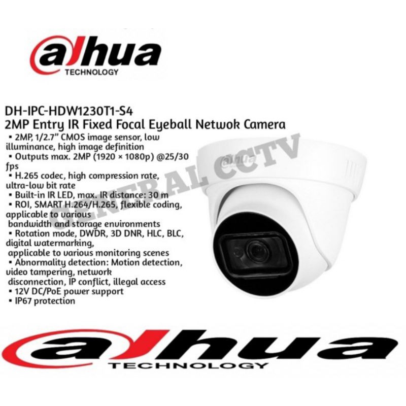 IP CAMERA DAHUA INDOOR 2MP HDW1230-T1-S4 SUPPORT Poe ORIGINAL DAHUA