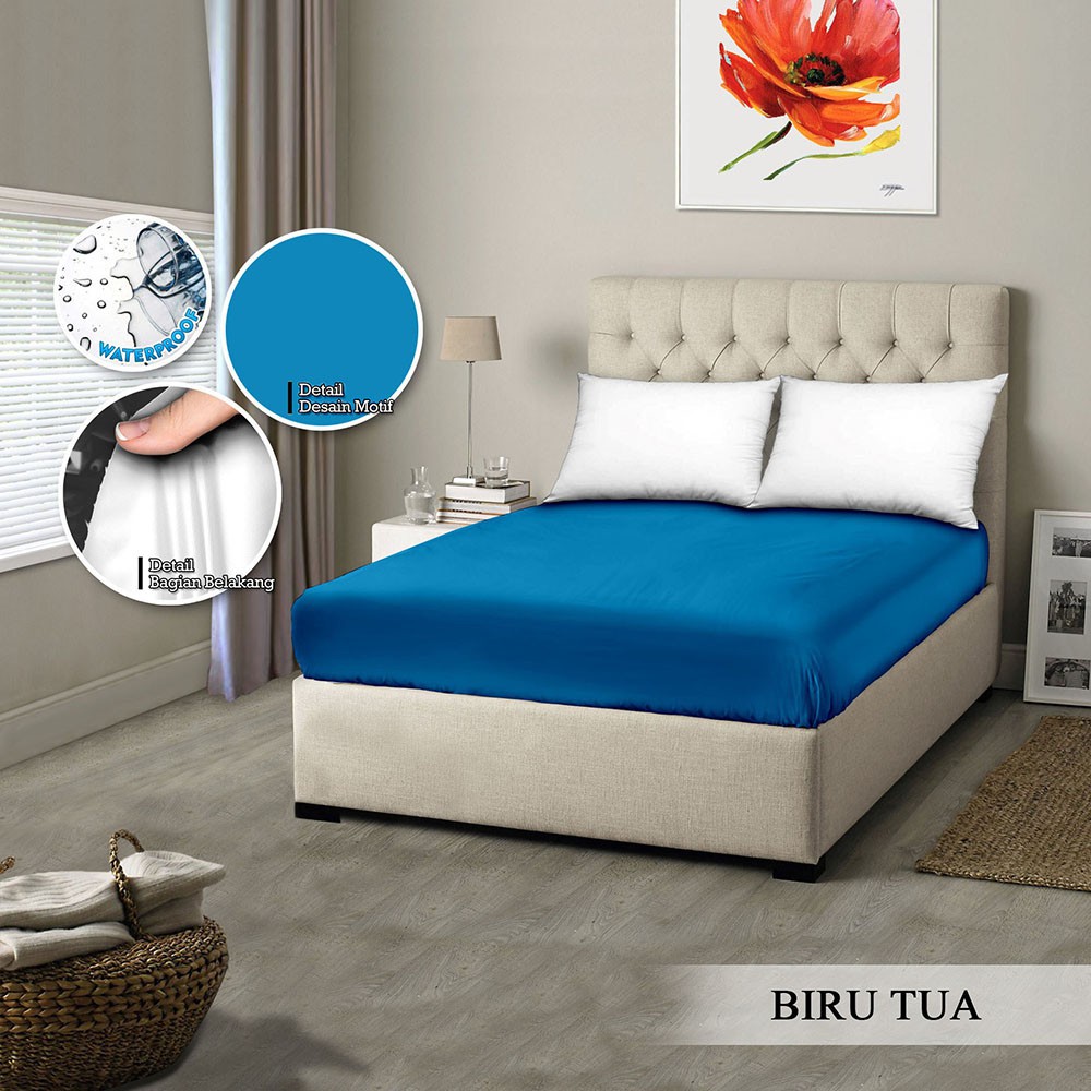 SPREI MONALISA POLOS WATERPROOF - 160x200 anti ompol air water proof polos emboss- 160 QUEEN sp160wpmona-Biru Tua