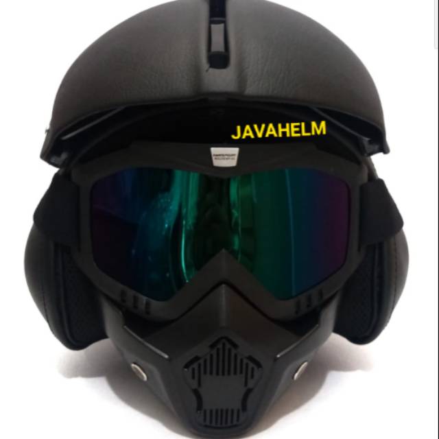 Helm Bogo Pilot Kulit Hitam Plus Google Goggle Mask Masker Kacamata