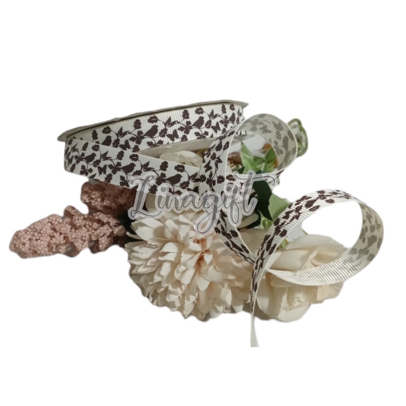 ( Meter ) PITA GROSS GRAIN MONOCHROME (MADE IN TAIWAN) 1 INCH / 2.5 CM/ 5/8 IN GROSSGRAIN BUNGA/ FLOWER/ BATIK FLOWER BLACK AND WHITE / HITAM PUTIH / CLASSIC / VINTAGE DIY HIASAN KADO / PARCEL / HAMPERS DEKORASI FOTO RUANGAN