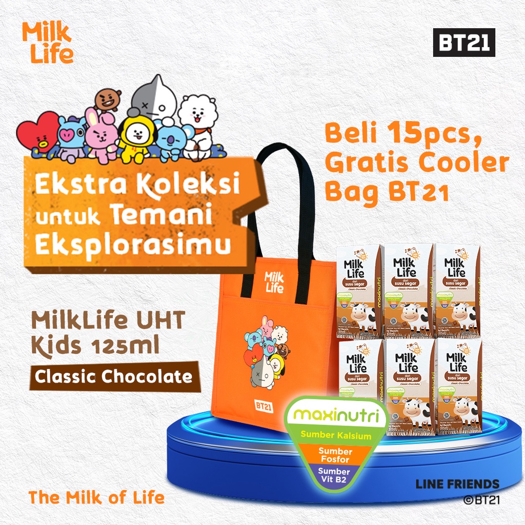 MilkLife Classic Cokelat - UHT Kids [15 pcs/Tetra Slim Leaf 125 ml] - FREE COOLER BAG BT21