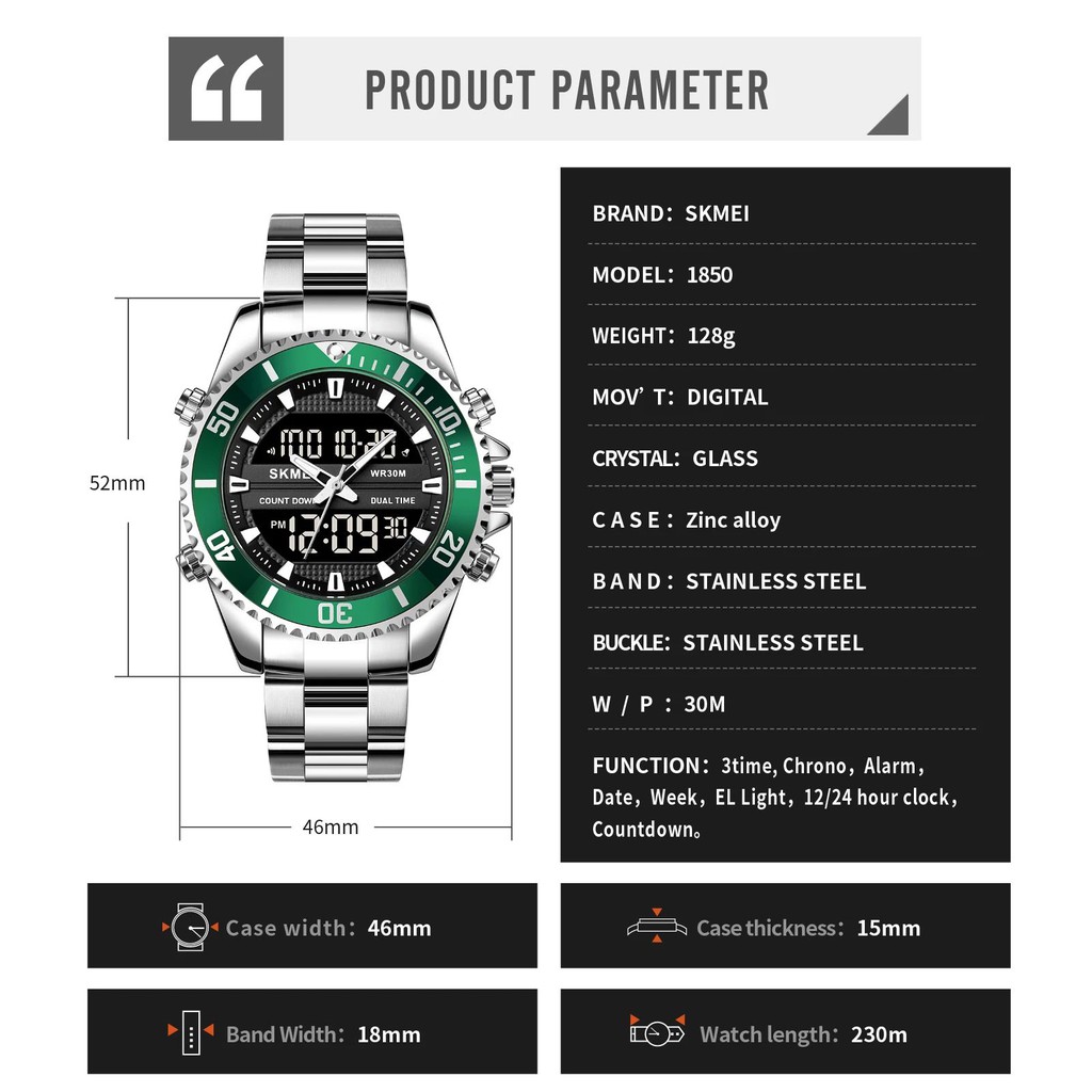 SKMEI 1850 Jam Tangan Pria Digital Analog Chronograph Dual Time Sport Watch Tali Stainless WATCHKITE WKOS