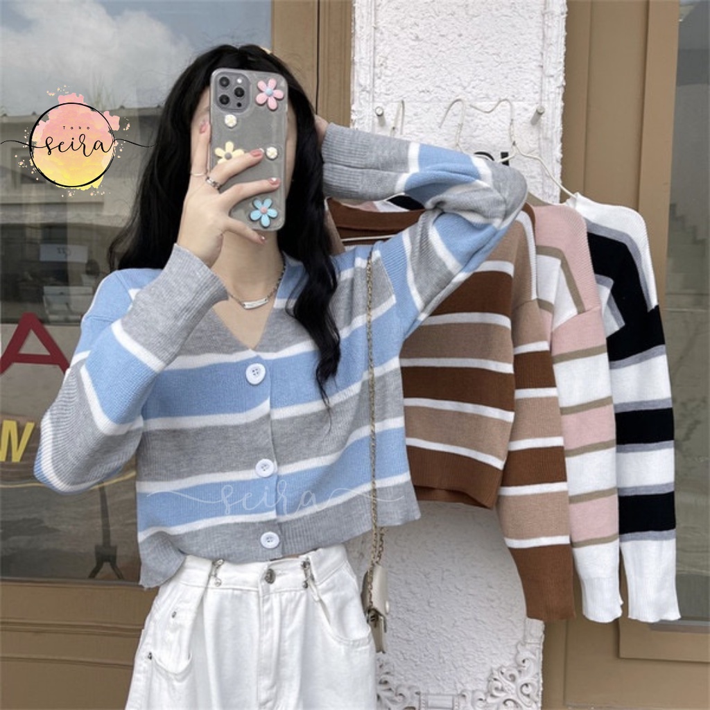 [BISA COD] Naya Stripped Cardigan Rajut Cropped Knit / Windy Outer Cardigan Rajut / Cardigan Rajut Korea / Atasan Wanita Rajut