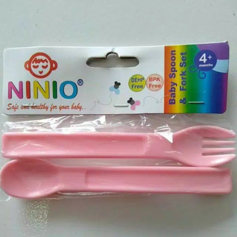 Sendok Garpu Bayi Mpasi Spoon Fork Training Baby NINIO Food Grade, BPA FREE, SNI | Set Sendok Garpu  Bayi Antisedak Gagang Pendek