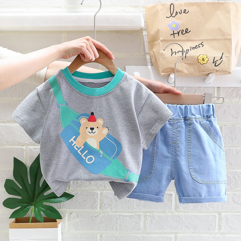 Setelan Anak Laki Laki ARCHIE Baju Set 2in1 Kaos dan Celana Soft Jeans Pendek Korean Style Import